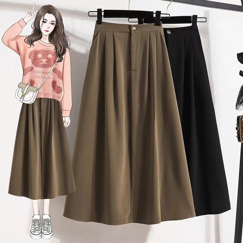 2022 large size new spring pocket long skirt a-type high waist commuter solid color suit umbrella skirt large swing skirt a-line skirt