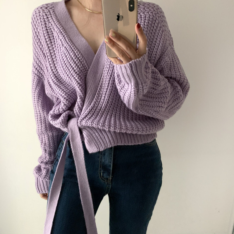 Korean version of the fashionable new lazy style V-neck lace taro purple thick needle sweater lace-up knitted cardigan