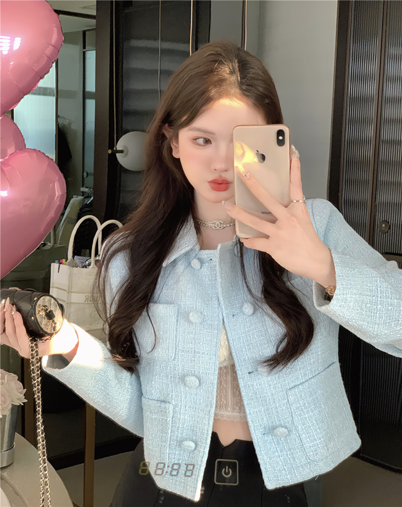 Real shot autumn fragrant blue small fragrant woolen coat double-breasted bag button short top with shoulder pad women