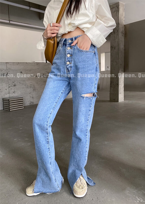 【QUEEN】Fashion Breasted Slit Jeans 383# OZQ