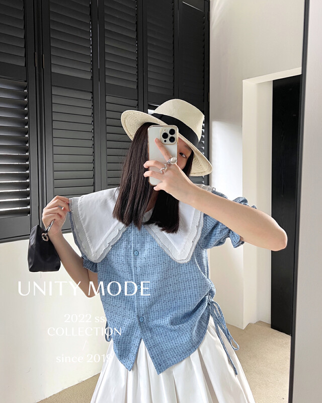 【UNITY】Smocked striped plaid shirt (female doll collar puff sleeve top) 18005# CQW
