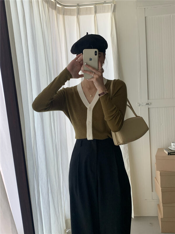 New in autumn!【JIN.C】V-neck single-breasted fashion knitted cardigan Z635# L