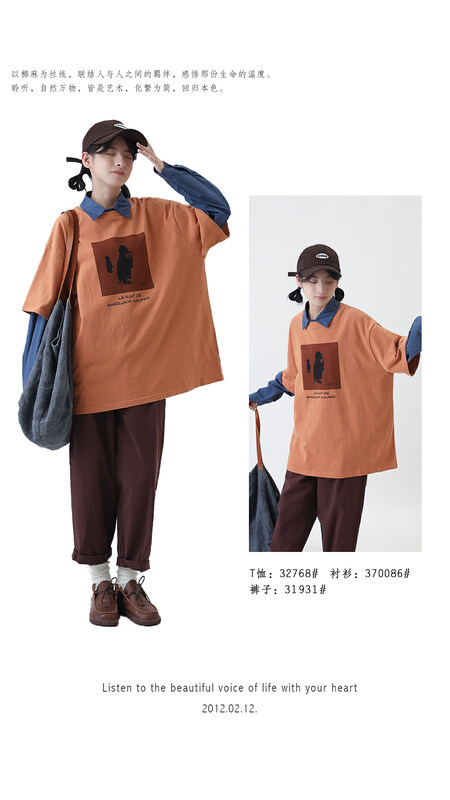 [Original Sansu clothing product] Literary fan retro casual printed short-sleeved T-shirt 32768