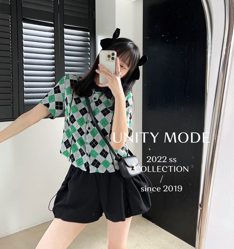 【UNITY】Color-blocking plaid shirt (women's short-sleeved slim and versatile top) 18020# CQW