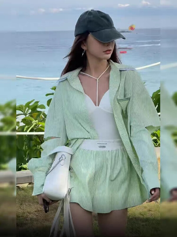 New in early autumn! [RASION] Niche design high-quality striped shirt + fashionable all-match casual shorts suit (suite only) 6283# LSL