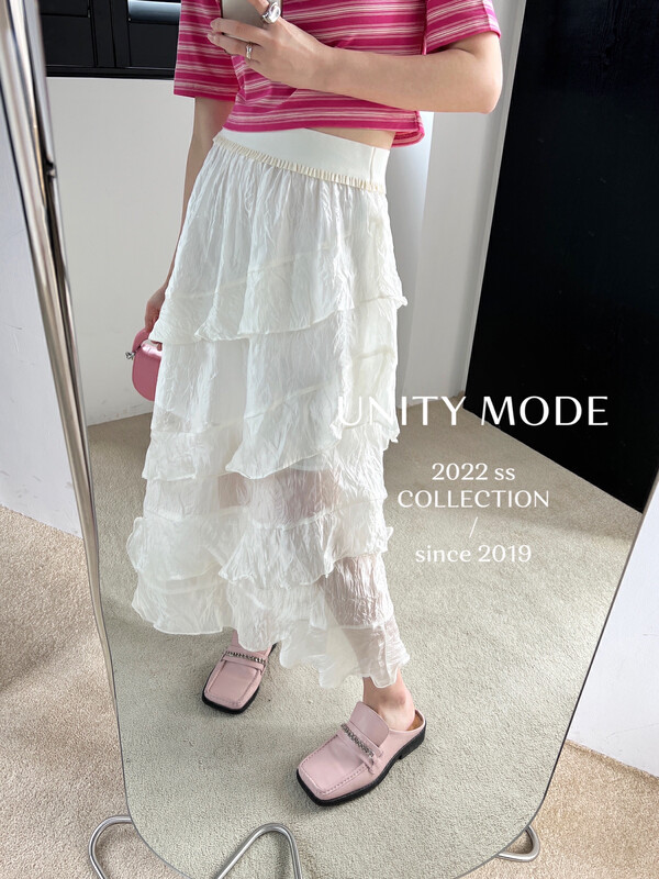 【UNITY】Irregular ruffle skirt high waist stitching long skirt 6516