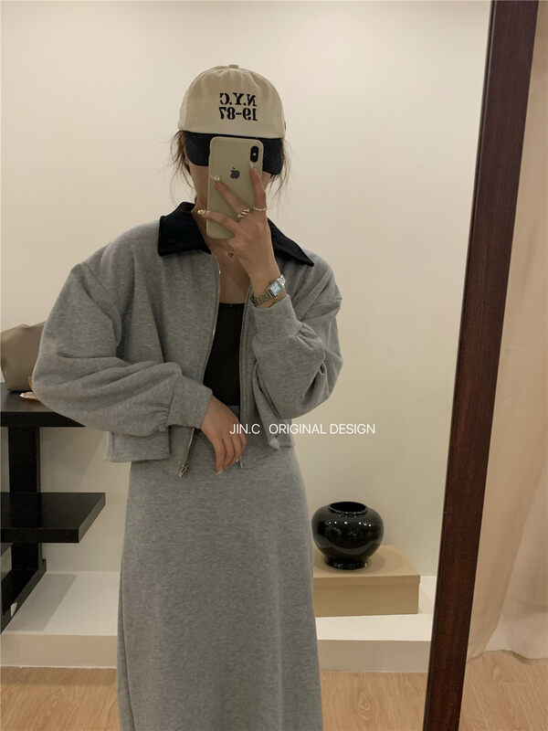 New in autumn! [JIN.C] zipper comfortable color matching short coat + high waist skirt suit H3230# L