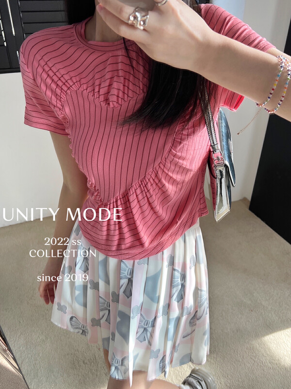 【UNITY】Ruffled Love Stripe Short Sleeve Short Sleeve T-Shirt (Female Summer Design Short Top) 18015# CQW