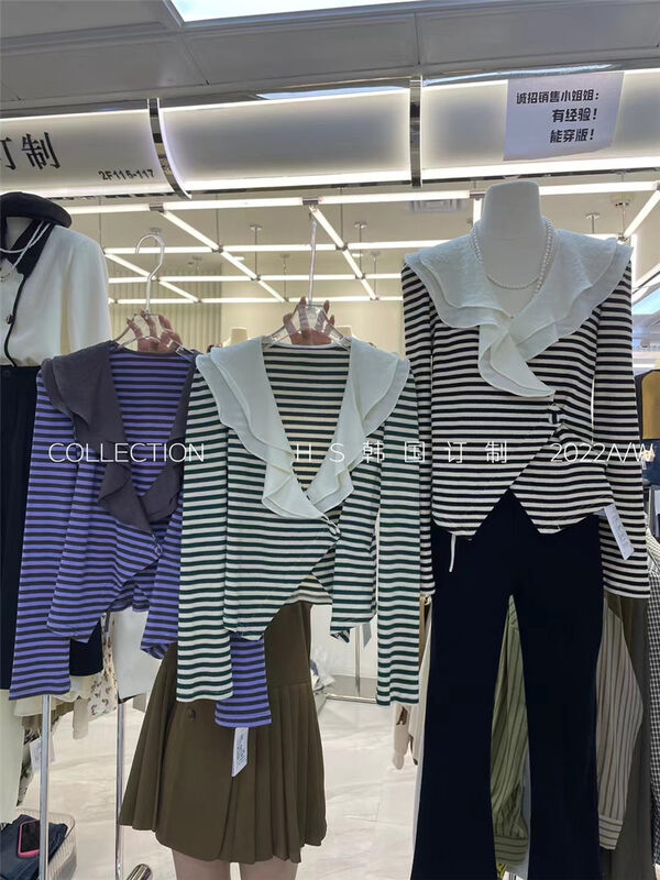 New in autumn! [HS Korea custom] Korean striped slim lotus leaf collar shirt 37101# HJY