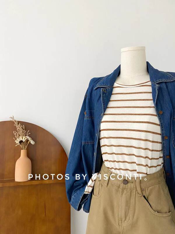 New in early autumn! [C Ouni] round neck loose striped long-sleeved T-shirt C621-K8903# GYJ