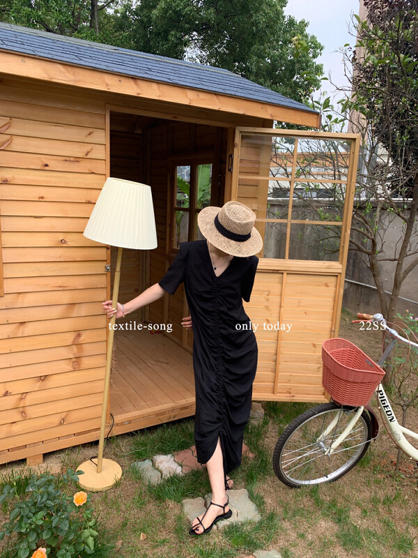 【UNITY】v-neck elegant pleated dress (women's mid-length) TS822-1# CQW