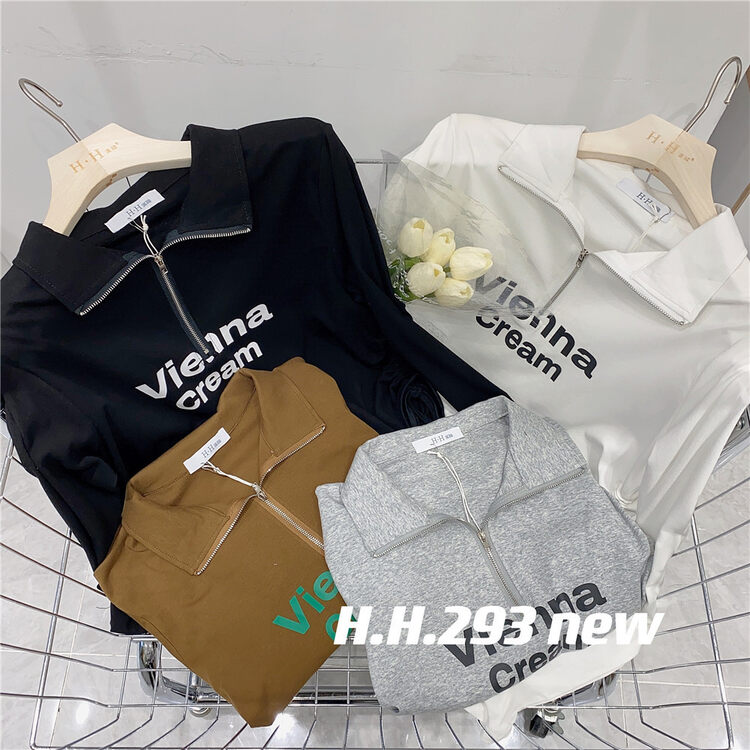 New in autumn! [HH &MISS LAI] pullover letter printing half zipper long-sleeved T-shirt 293# L