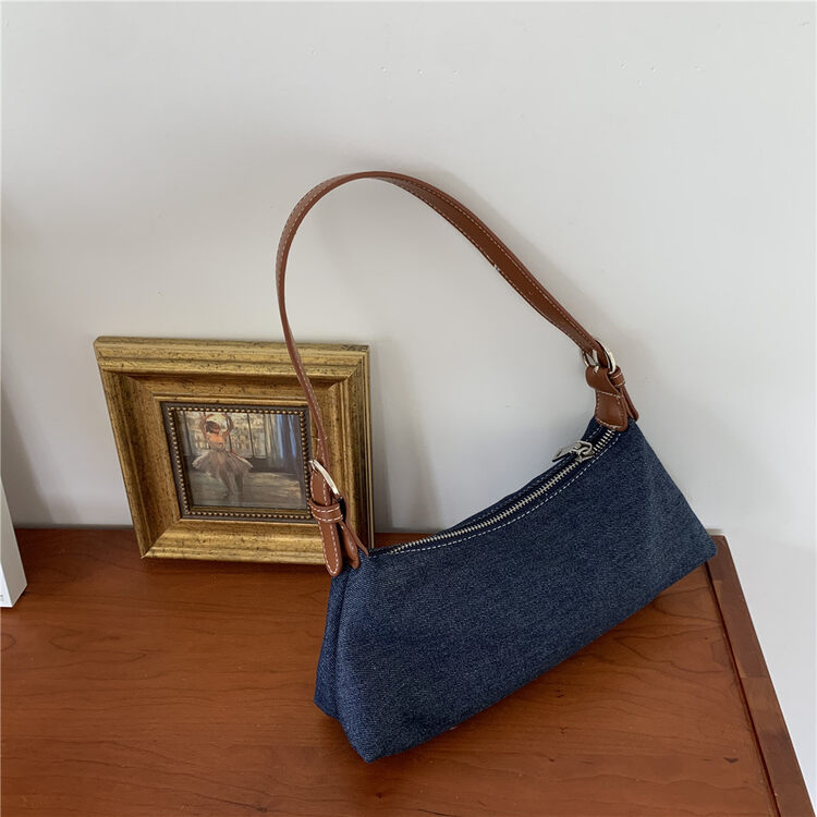 【DOUBLE C】Simple and versatile stitching denim shoulder bag A7022# CYQ