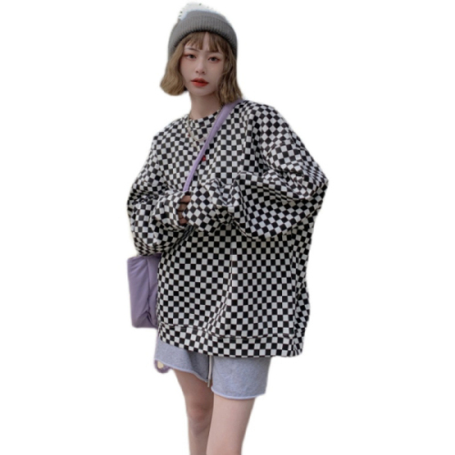 European station  autumn and winter new fashion plaid long-sleeved round neck mid-length loose sweater women's all-match