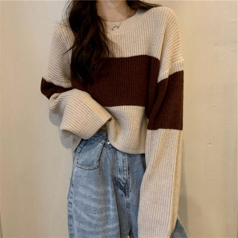 Japanese color matching sweater women's spring and autumn outer wear 2022 new loose pullover lazy style short knitted sweater top