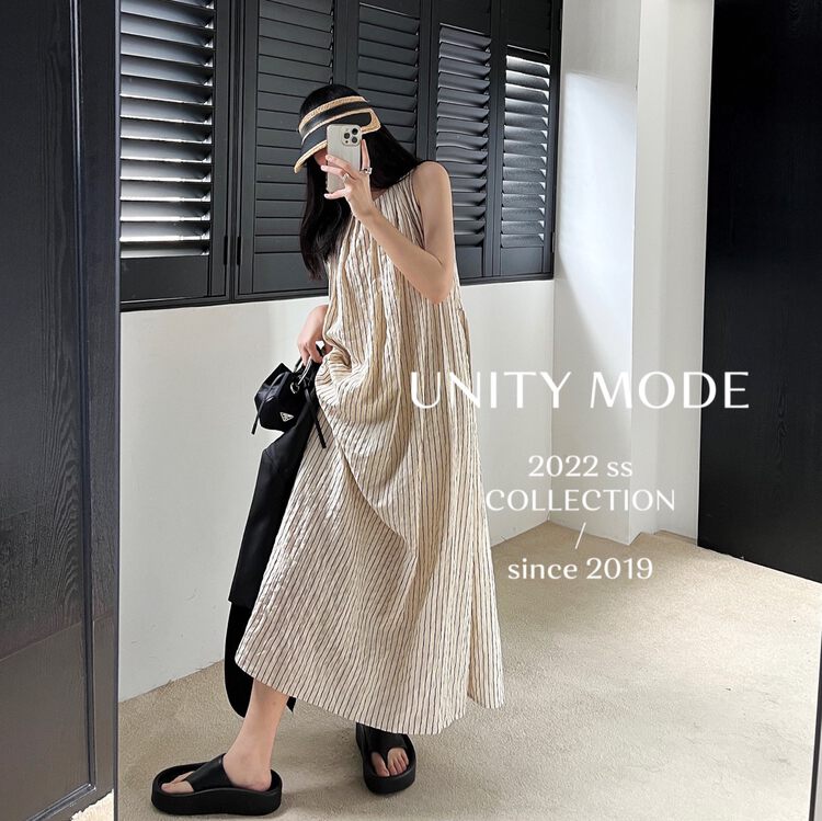 【UNITY】Texture striped dress (retro literary sleeveless casual dress) YS1-8093# CQW