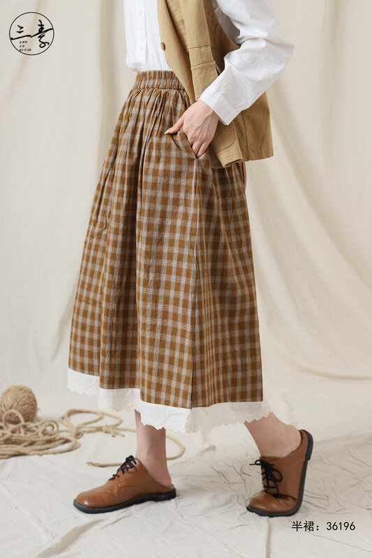 [Original Sansu clothing product] Simple literary retro plaid skirt 36196