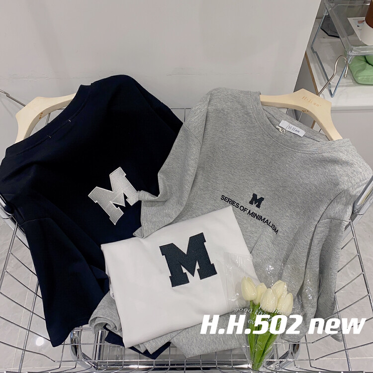 New in autumn! [HH &MISS LAI] Korean version of the simple letter front and back embroidered short-sleeved T-shirt 502# L
