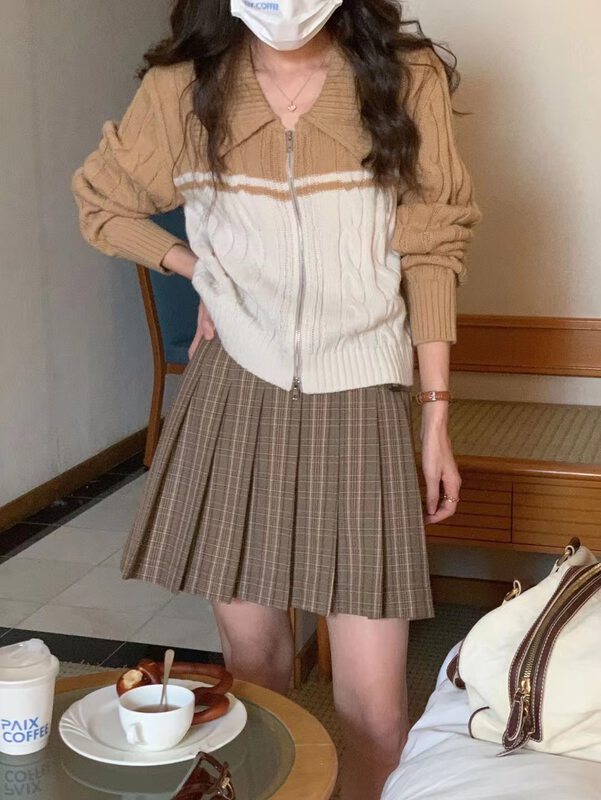 New in autumn!【SELNE】High waist pleated plaid skirt 2282302# XYJ