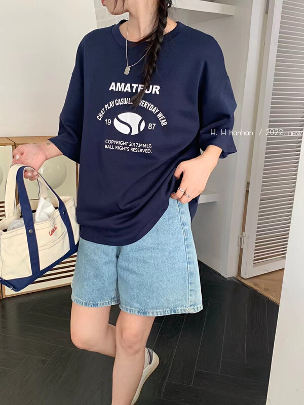 New in autumn! [HH &MISS LAI] Korean style simple letter print round neck pullover short-sleeved T-shirt 503# L
