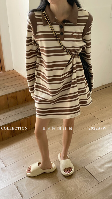 Early autumn new style! [HS Korea custom] casual POLO collar striped dress (with bag) 37017# HJY