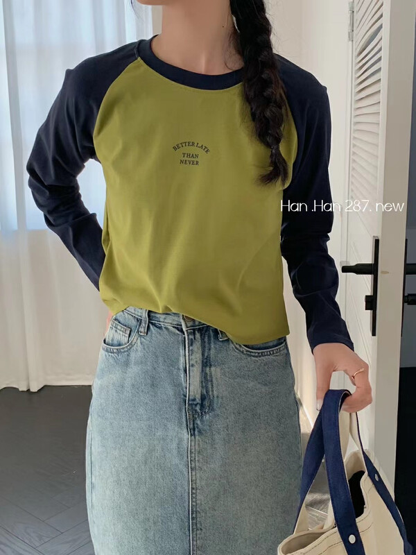 New in early autumn! [HH &MISS LAI] Simple letter color matching comfortable all-match long-sleeved T-shirt 287# L
