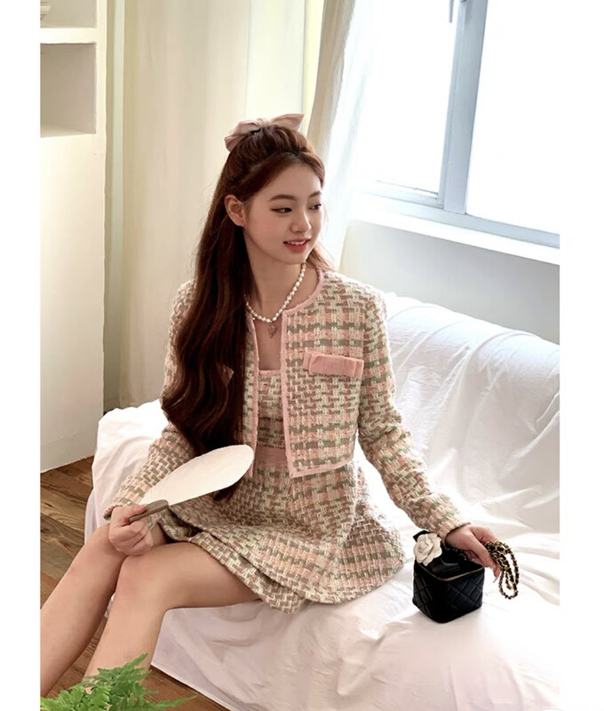 Autumn is new! [RASION] Small Fragrant Gold Silk Tweed Short Jacket + Temperament Versatile Sling Skirt Suit 5329# LSL