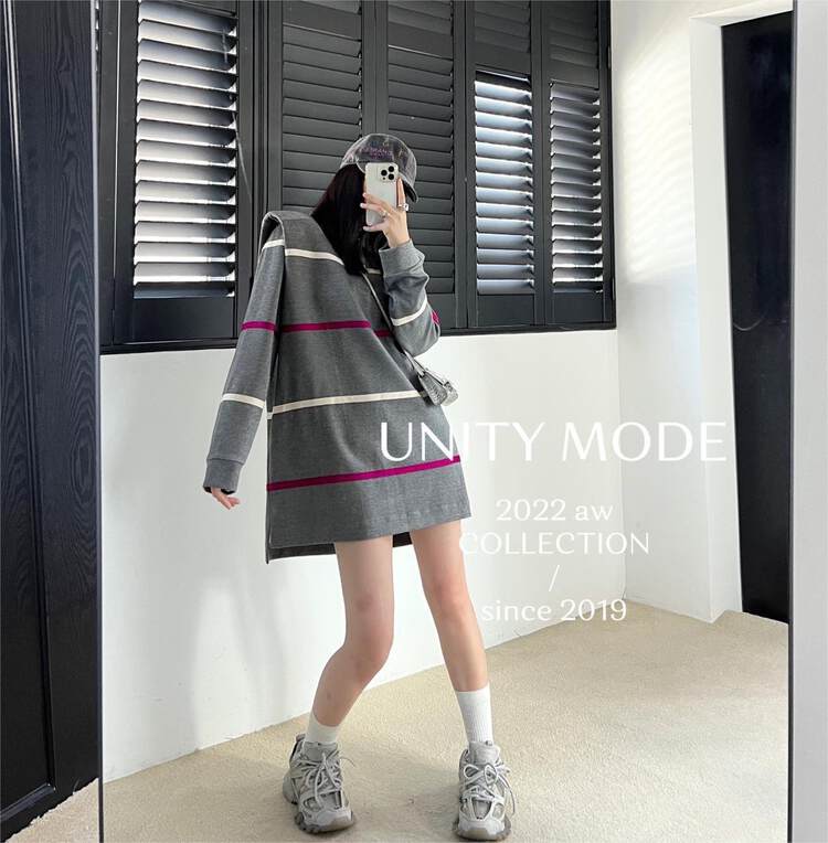 【UNITY】Striped Long Sleeve Sweater (Women's Mid-Length POLO Shirt) F261007# CQW