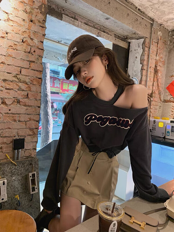 【RASION】Designed niche off-shoulder letter sweater 5298# LSL