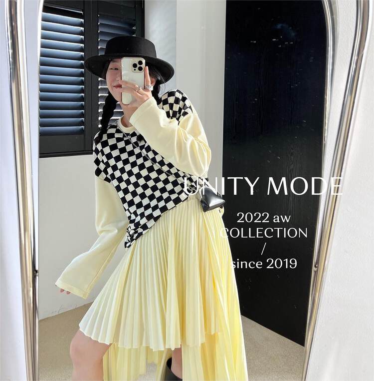 【UNITY】Checkerboard plaid long-sleeved T-shirt (women's stitching top) F261008# CQW