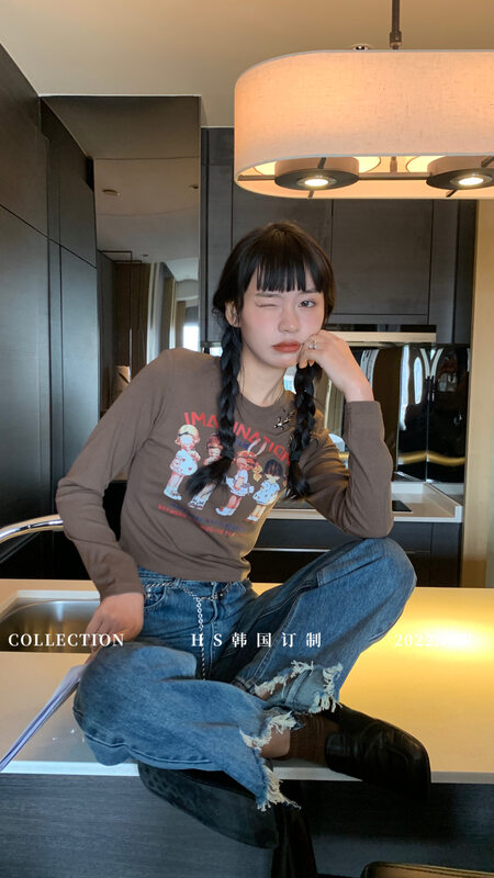 Early autumn new style! [HS Korea custom] trend printing short long-sleeved T-shirt 37083# HJY
