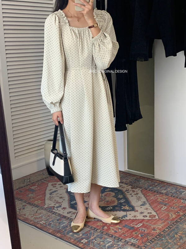 New in early autumn!【JIN.C】Sweet dress with square collar and polka dots (with waist rope) H3195# L