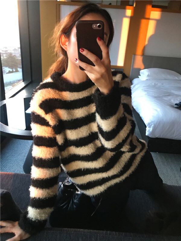 New in autumn!【SELNE】Round neck loose striped warm sweater 2111101# XYJ