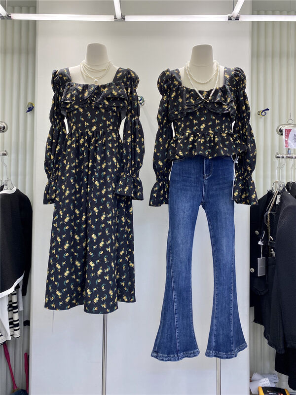 Early autumn new style! [HS Korea custom] Han Shu floral mid-length dress 37102# HJY