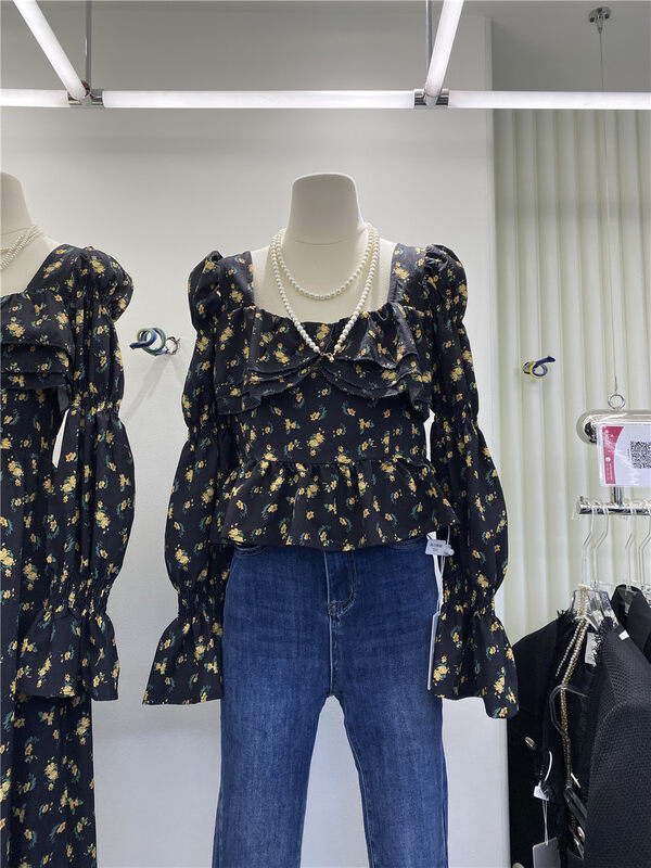 Early autumn new style! [HS Korea Custom] Little Woman Square Collar Floral Shirt 37103# HJY