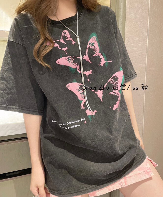 New in early autumn! [Shanzhu] Retro distressed butterfly print loose short-sleeved T-shirt 310# L