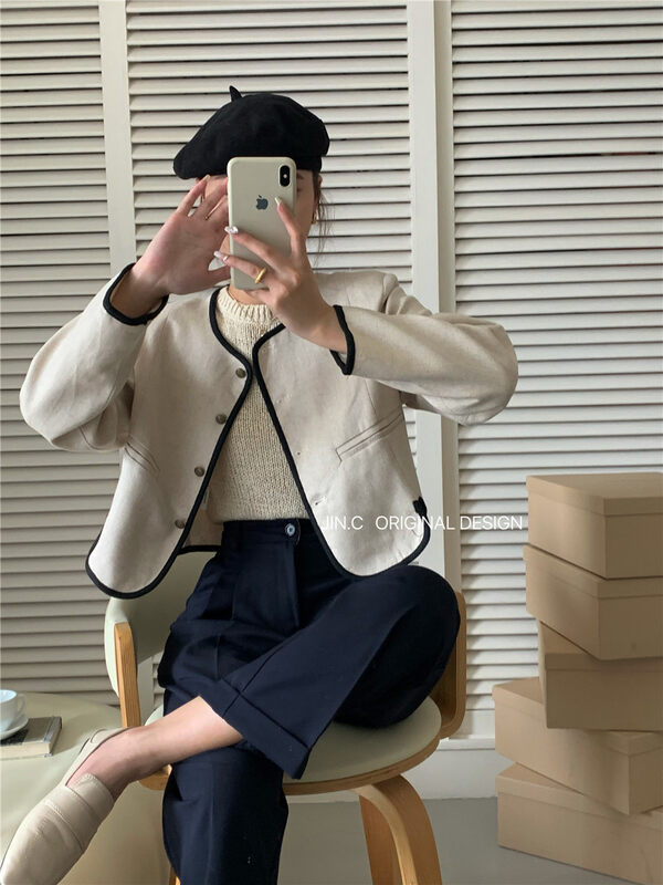 New in early autumn!【JIN.C】Single-breasted color-blocking comfortable short jacket J203# L