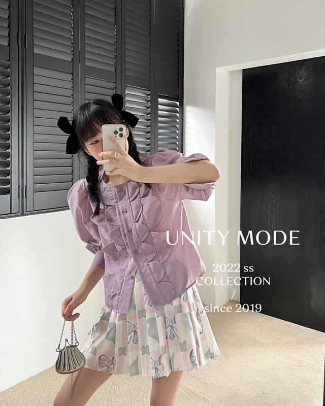【UNITY】Ruffled purple short-sleeved shirt women's top 8099-1