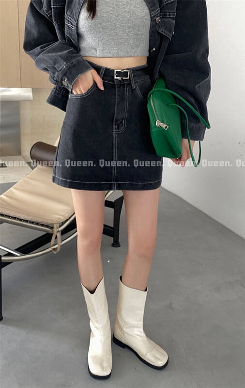 【QUEEN】Simple A-line all-match denim skirt (with belt) 379# OZQ
