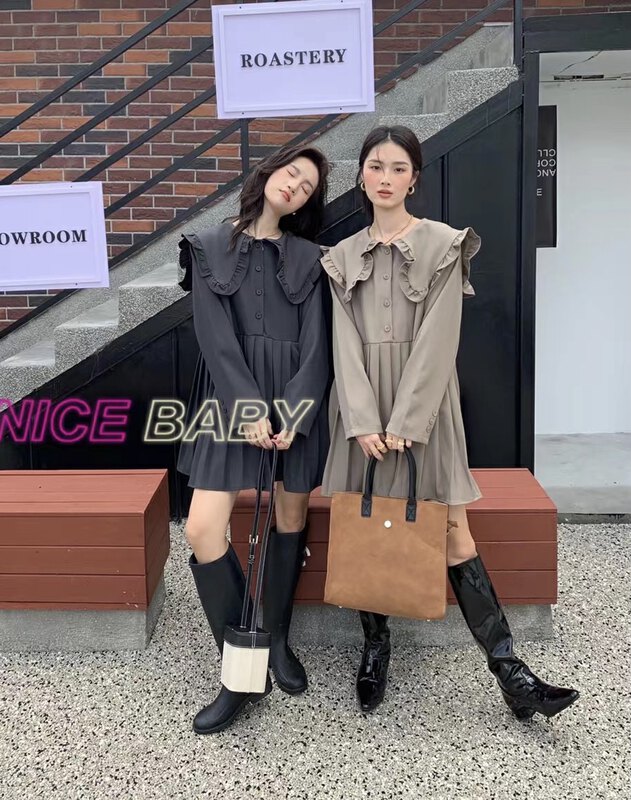 New in autumn!【NICE BABY】Pleated long-sleeved solid color dress 8959# WTT
