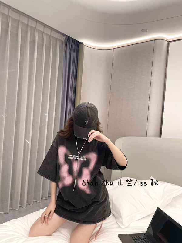 New in early autumn! [Shanzhu] Retro wash and old AB face butterfly print short-sleeved T-shirt 309# L