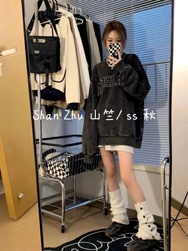 [Shanzhu] Autumn New Product Retro Old Washing Craft Letter English Printed Sweater 512# L