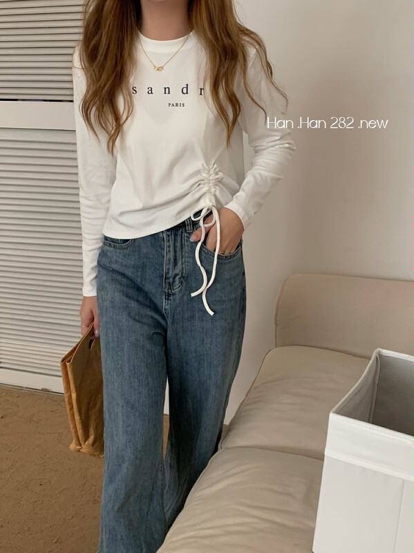 New in early autumn! [HH &MISS LAI] Korean simple letter drawstring comfortable long-sleeved T-shirt 282# L