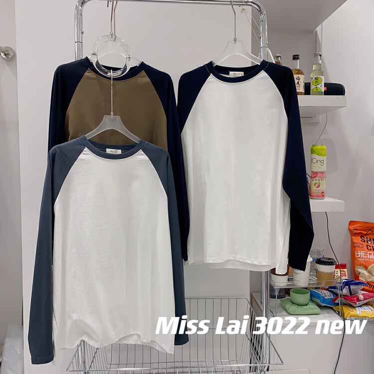 New in autumn!  【HH &MISS LAI】Korean Colorblock Round Neck Long Sleeve T-Shirt 3022# L