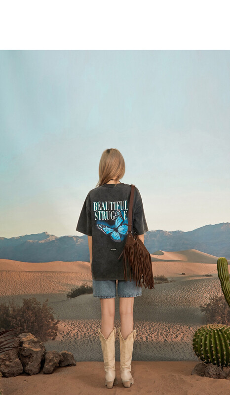 【Shanzhu】Retro wash and old butterfly print short-sleeved T-shirt T287-3# L