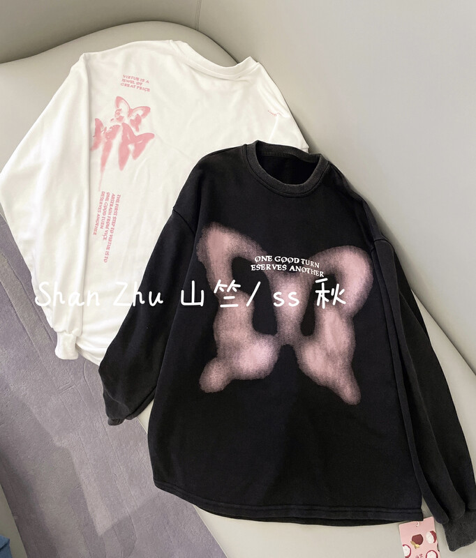 New in autumn! [Shanzhu] Retro distressed wash water craft butterfly print sweater 515# L