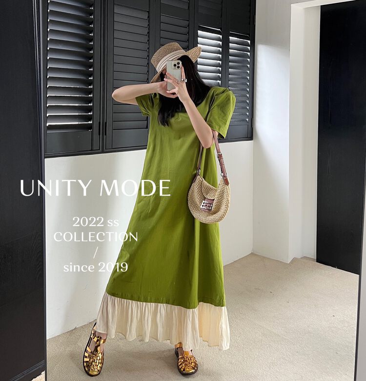 【UNITY】Designed niche hem color matching dress (female puff sleeve long skirt) 18022# CQW