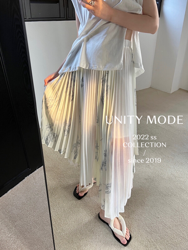 [UNITY] Printed pleated skirt women's elastic waist mid-length 6528