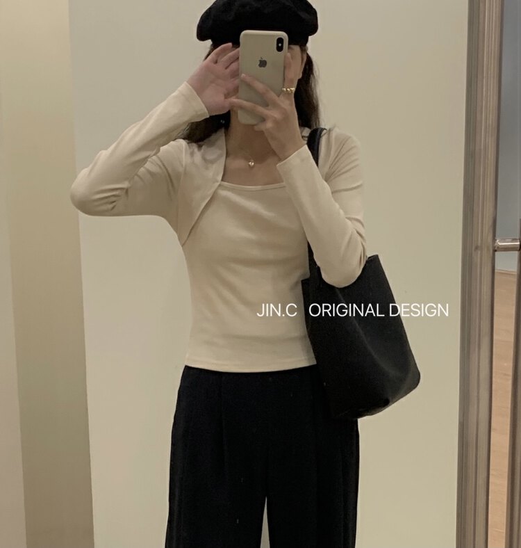 New in early autumn! [JIN.C] Retro knitted square-neck shirt H3178# L