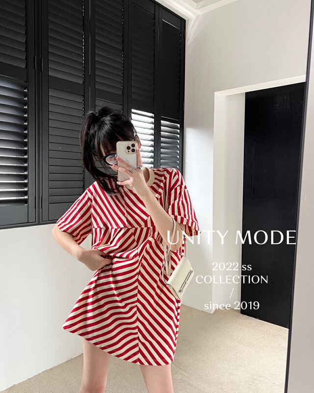 [UNITY] Irregular striped short-sleeved T-shirt women's mid-length 8096